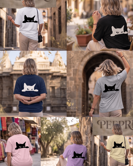 Hiding Cat : Graphic Oversized T-Shirt – White | 100% Cotton | Relaxed Fit Unisex Tee - Peepri
