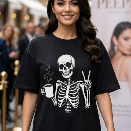 Ghost and Coffee : Graphic Oversized T-Shirt – White | 100% Cotton | Relaxed Fit Unisex Tee - Peepri