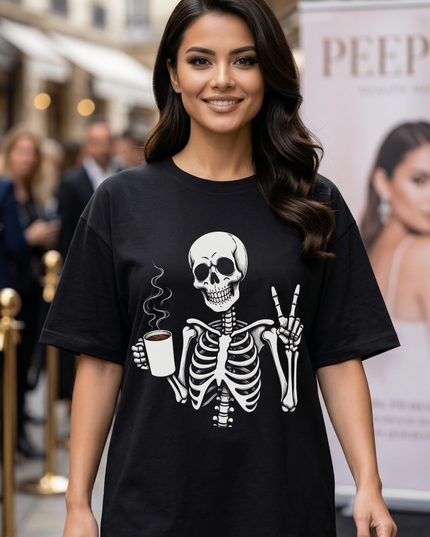 Ghost and Coffee : Graphic Oversized T-Shirt – White | 100% Cotton | Relaxed Fit Unisex Tee - Peepri