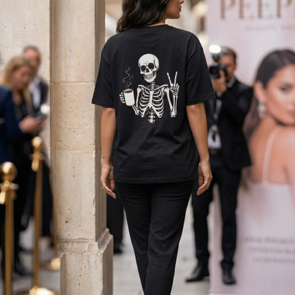 Ghost and Coffee : Graphic Oversized T-Shirt – White | 100% Cotton | Relaxed Fit Unisex Tee - Peepri