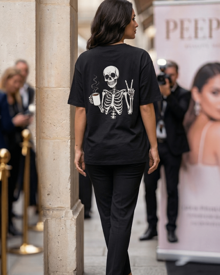 Ghost and Coffee : Graphic Oversized T-Shirt – White | 100% Cotton | Relaxed Fit Unisex Tee - Peepri