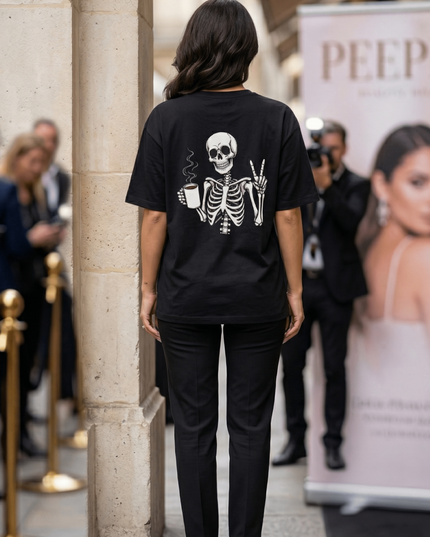 Ghost and Coffee : Graphic Oversized T-Shirt – White | 100% Cotton | Relaxed Fit Unisex Tee - Peepri