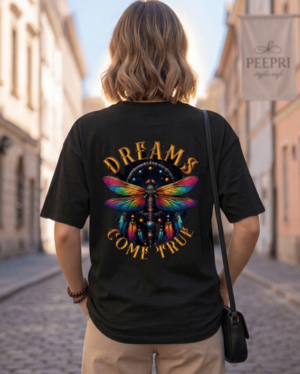 Dream Dragonfly : Graphic Oversized T-Shirt – White | 100% Cotton | Relaxed Fit Unisex Tee - Peepri