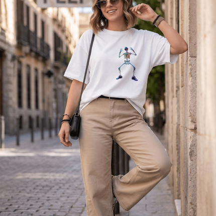 Dancing Skeleton : Graphic Oversized T-Shirt – White | 100% Cotton | Relaxed Fit Unisex Tee - Peepri