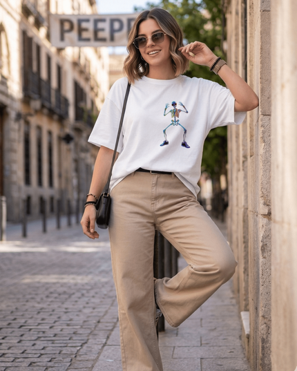 Dancing Skeleton : Graphic Oversized T-Shirt – White | 100% Cotton | Relaxed Fit Unisex Tee - Peepri