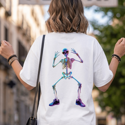 Dancing Skeleton : Graphic Oversized T-Shirt – White | 100% Cotton | Relaxed Fit Unisex Tee - Peepri