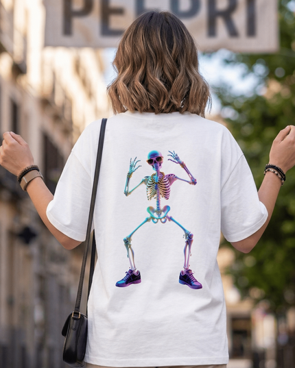Dancing Skeleton : Graphic Oversized T-Shirt – White | 100% Cotton | Relaxed Fit Unisex Tee - Peepri