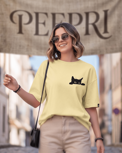 Hiding Cat : Graphic Oversized T-Shirt – White | 100% Cotton | Relaxed Fit Unisex Tee - Peepri