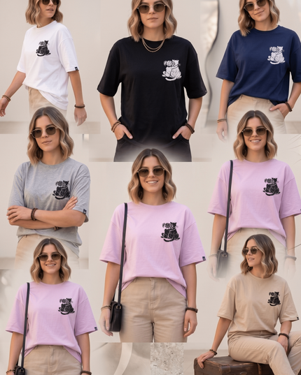 Cat Love : Graphic Oversized T-Shirt – White | 100% Cotton | Relaxed Fit Unisex Tee - Peepri
