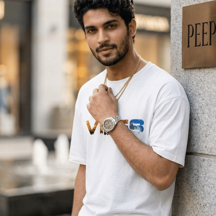 Vibes : Graphic Oversized T-Shirt – White | 100% Cotton | Relaxed Fit Unisex Tee - Peepri