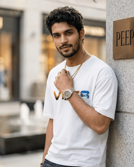 Vibes : Graphic Oversized T-Shirt – White | 100% Cotton | Relaxed Fit Unisex Tee - Peepri