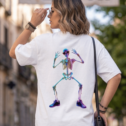 Dancing Skeleton : Graphic Oversized T-Shirt – White | 100% Cotton | Relaxed Fit Unisex Tee - Peepri