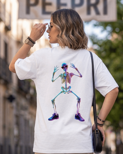 Dancing Skeleton : Graphic Oversized T-Shirt – White | 100% Cotton | Relaxed Fit Unisex Tee - Peepri