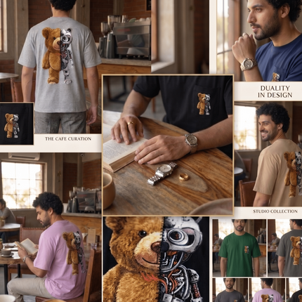 Teddy cum Robot : Graphic Oversized T-Shirt – White | 100% Cotton | Relaxed Fit Unisex Tee - Peepri