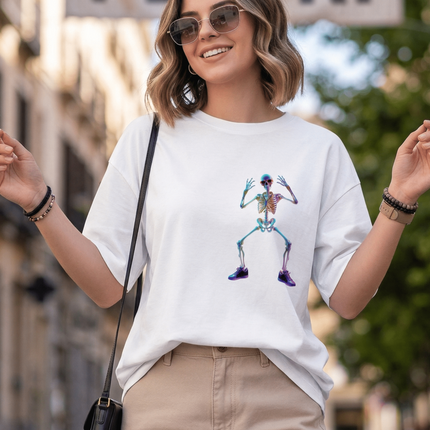 Dancing Skeleton : Graphic Oversized T-Shirt – White | 100% Cotton | Relaxed Fit Unisex Tee - Peepri