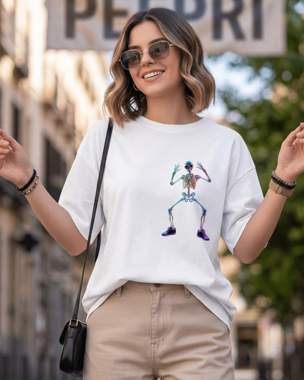 Dancing Skeleton : Graphic Oversized T-Shirt – White | 100% Cotton | Relaxed Fit Unisex Tee - Peepri
