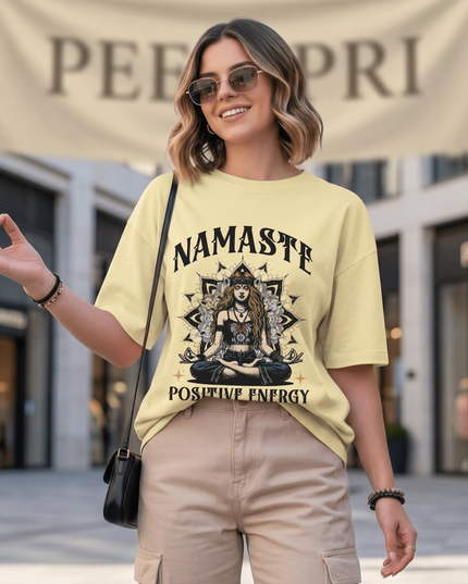 Namaste : Graphic Oversized T-Shirt – White | 100% Cotton | Relaxed Fit Unisex Tee - Peepri