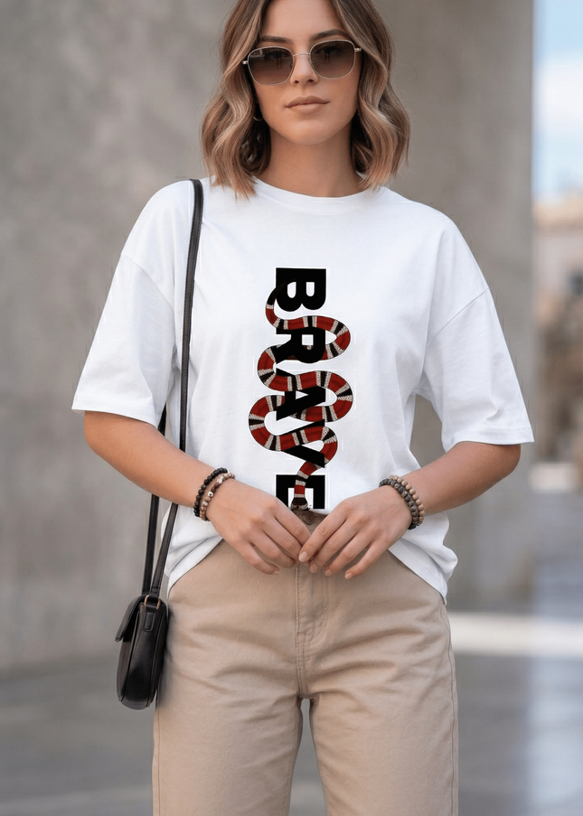 Brave Graphic Oversized T-Shirt – White | 100% Cotton | Relaxed Fit Unisex Tee