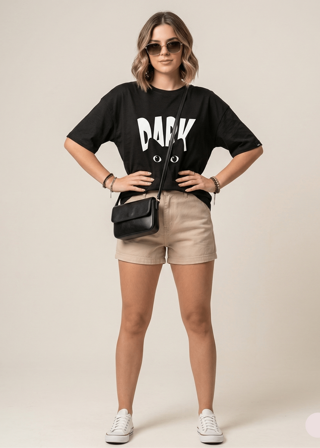 Dark Cat : Graphic Oversized T-Shirt – White | 100% Cotton | Relaxed Fit Unisex Tee