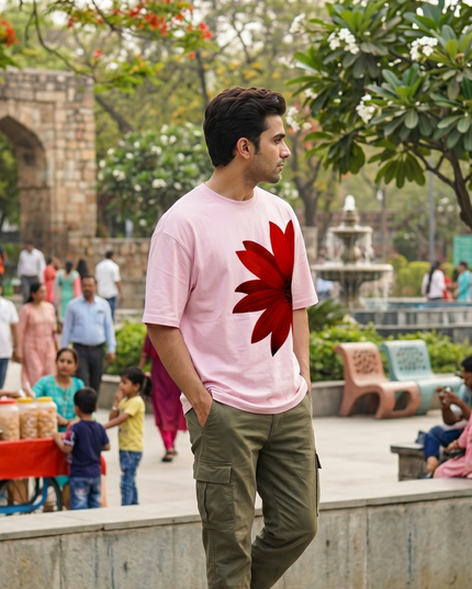 Red Flower : Graphic Oversized T-Shirt – White | 100% Cotton | Relaxed Fit Unisex Tee - Peepri
