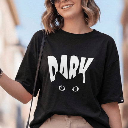 Dark Cat : Graphic Oversized T-Shirt – White | 100% Cotton | Relaxed Fit Unisex Tee - Peepri