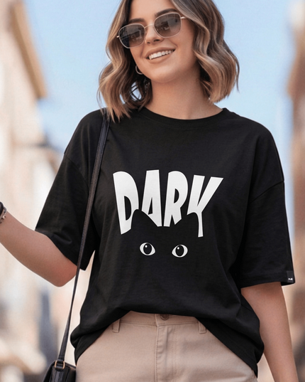 Dark Cat : Graphic Oversized T-Shirt – White | 100% Cotton | Relaxed Fit Unisex Tee - Peepri