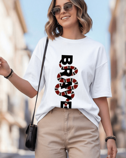 Brave Graphic Oversized T-Shirt – White | 100% Cotton | Relaxed Fit Unisex Tee - Peepri