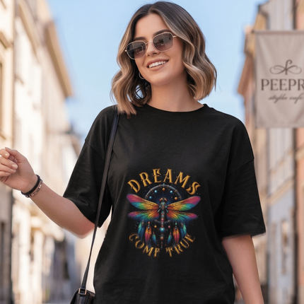 Dream Dragonfly : Graphic Oversized T-Shirt – White | 100% Cotton | Relaxed Fit Unisex Tee - Peepri