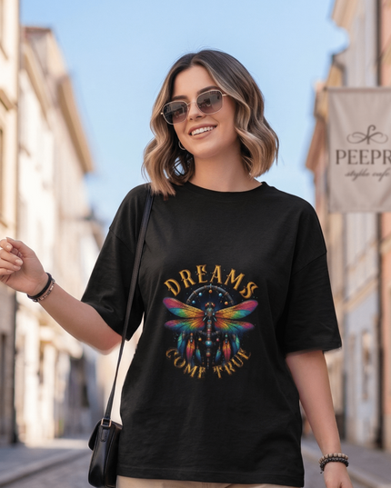 Dream Dragonfly : Graphic Oversized T-Shirt – White | 100% Cotton | Relaxed Fit Unisex Tee - Peepri