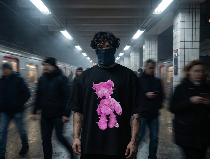 Person wearing a black t-shirt with a pink graphic design in a subway station.