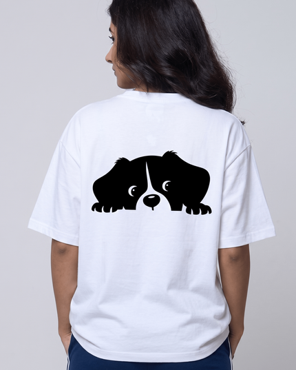 Hiding Dog : Graphic Oversized T-Shirt – White | 100% Cotton | Relaxed Fit Unisex Tee - Peepri