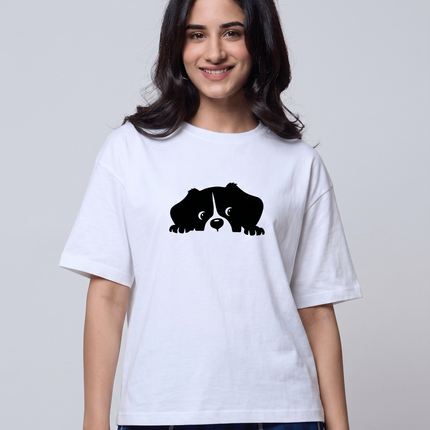 Hiding Dog : Graphic Oversized T-Shirt – White | 100% Cotton | Relaxed Fit Unisex Tee - Peepri