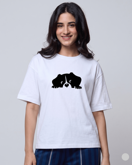 Hiding Dog : Graphic Oversized T-Shirt – White | 100% Cotton | Relaxed Fit Unisex Tee - Peepri
